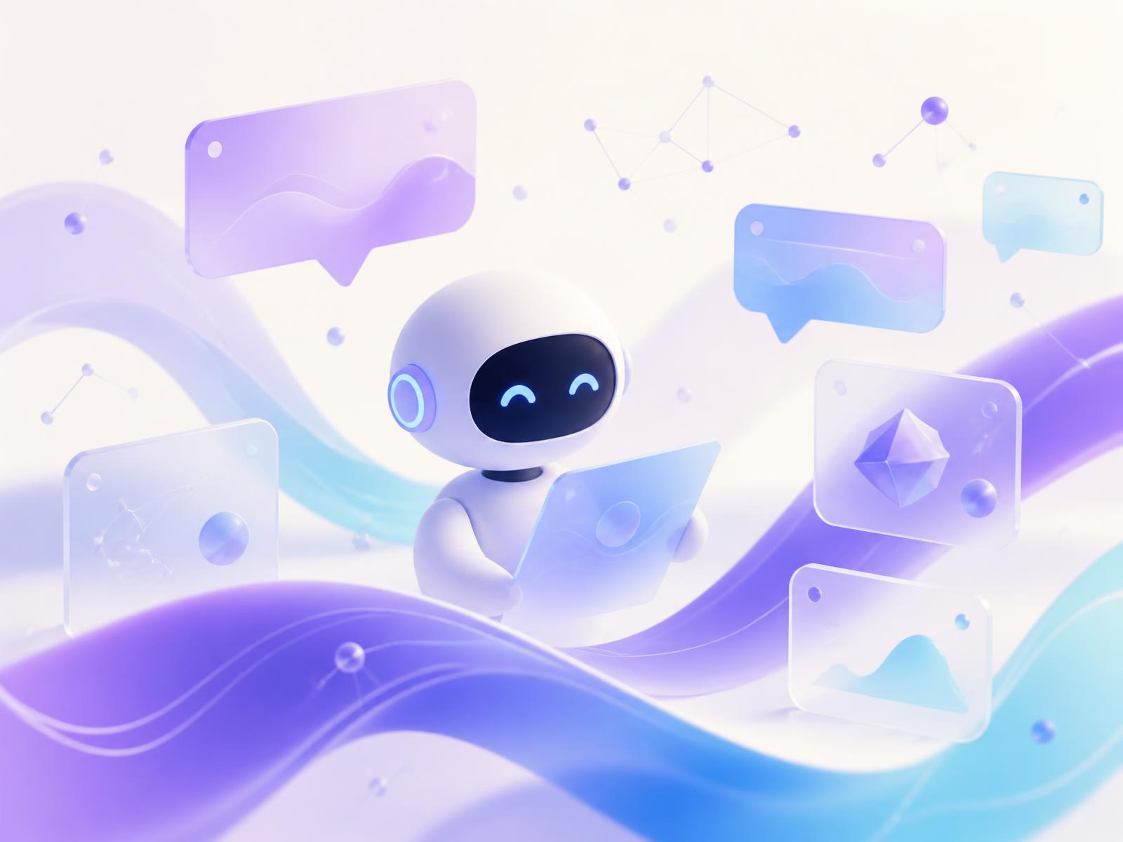 Illustration of a friendly assistant surrounded by chat bubbles and learning cards